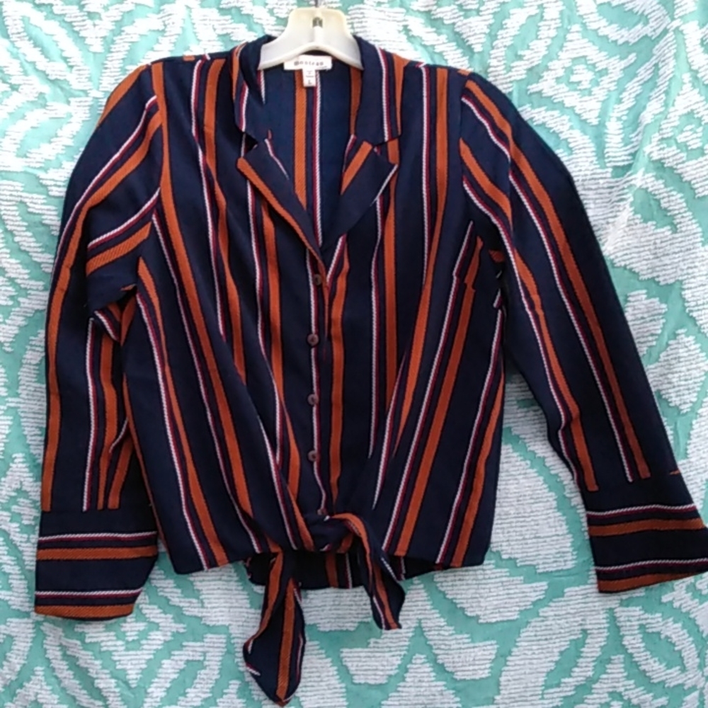 Monteau Size Large Tie Front Midriff Style Button front Striped Brown Top Blouse